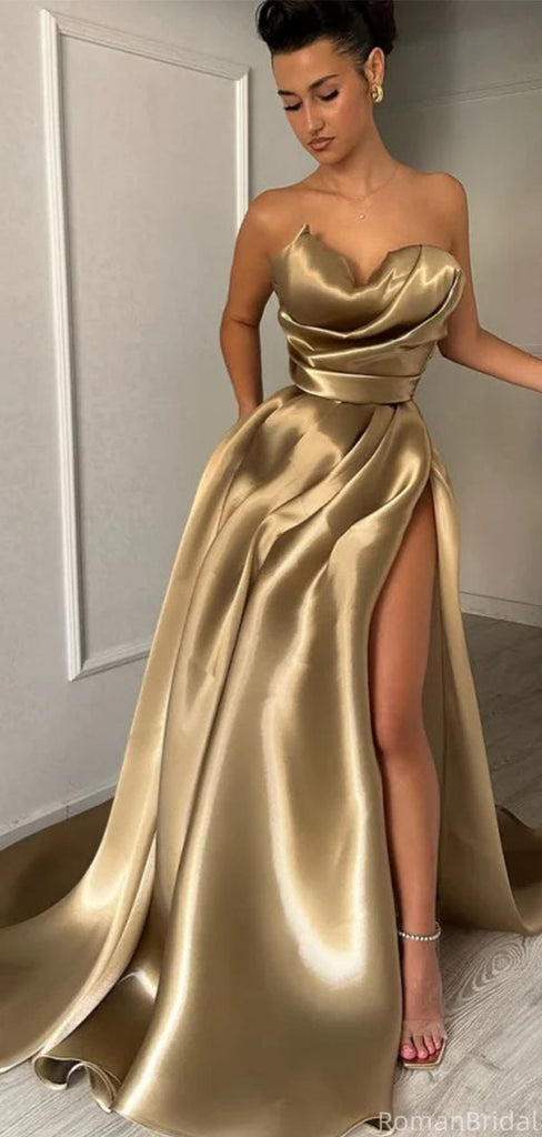 Fancy Gold Satin Strapless High Slit A-Line Formal Dresses, Long Prom Dresses,OLP1710