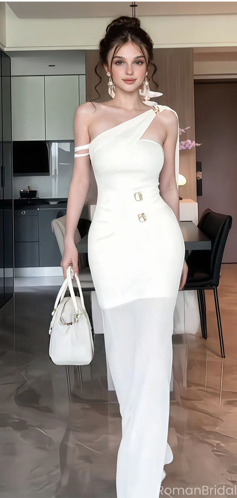 Elegant White One-Shoulder Mermaid Long Prom Dress Ideas, Evening Party Dresses, OLP1444