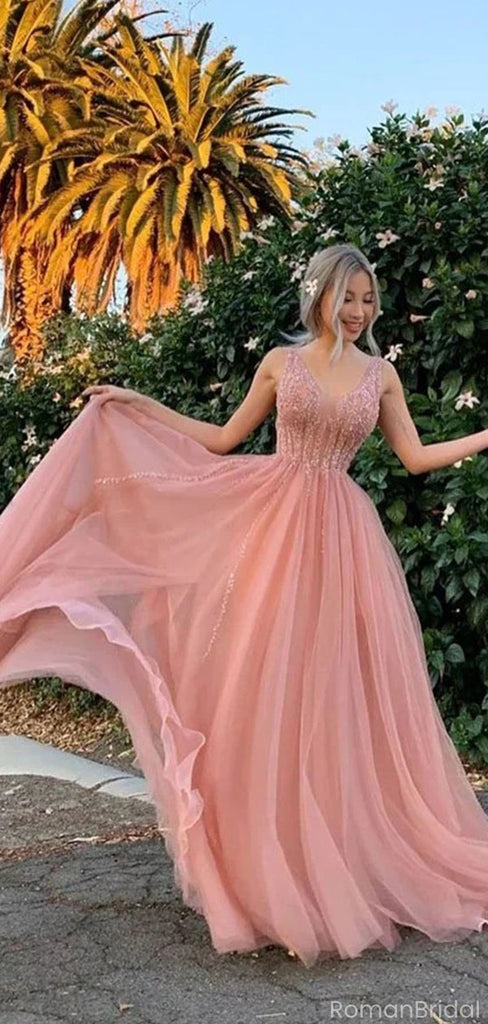 Elegant Pink V-Neck A-Line Long Prom Dress Ideas, Evening Party Dresses, OLP1471