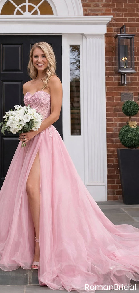 Sexy Strapless Pink Chiffon A-Line Prom Dress With High Slit,OLP1865