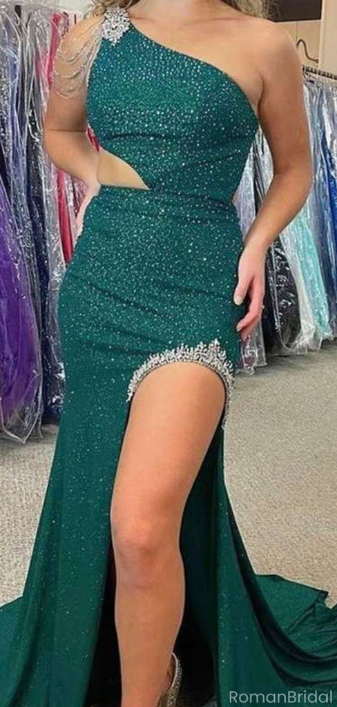 Elegant Green One-Shoulder Mermaid Side Slit Long Prom Dress Ideas, Evening Party Dresses, OLP1383