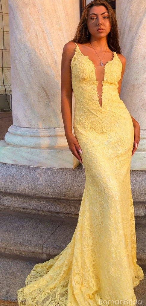 Unique Yellow Lace Applique Mermaid Prom Dress with Deep V-Neck Formal Gown,OLP1752
