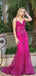 Elegant Fuchsia Lace Mermaid Prom Dress Sheer Corset Bodice Spaghetti Strap Formal Gown,OLP1744