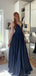 Sexy Navy Blue Spaghetti Strap A-Line Long Prom Dress Ideas, Evening Party Dresses, OLP1408