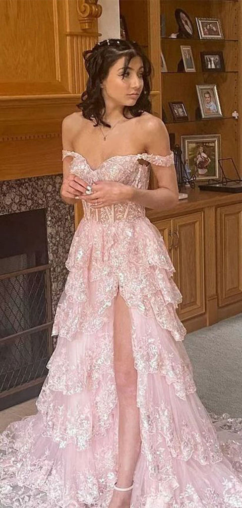 Elegant Pink Off-Shoulder Sleeveless A-Line Side Slit Long Prom Dress Ideas, Evening Party Dresses ,OLP1182