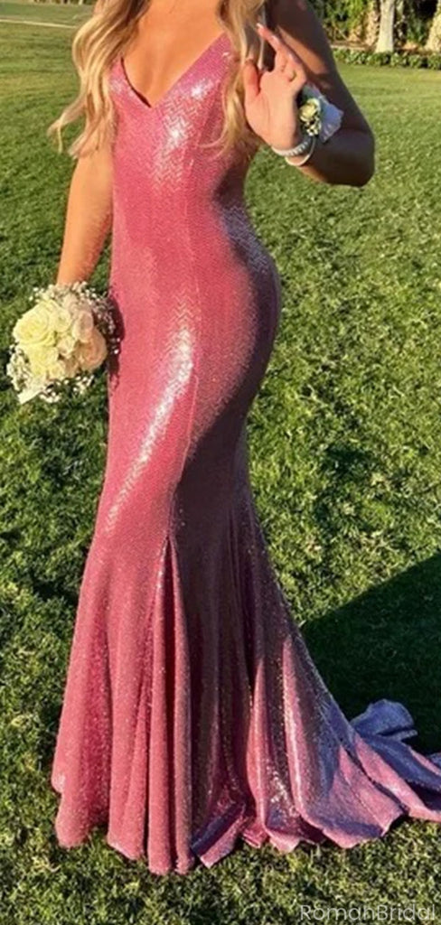 Elegant Pink Spaghetti Strap Mermaid Long Prom Dress Ideas, Evening Party Dresses, OLP1546