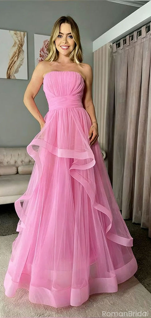 Elegant Pink Tulle Ball Gown Strapless Tiered Skirt Prom Party Dress Long,OLP1836