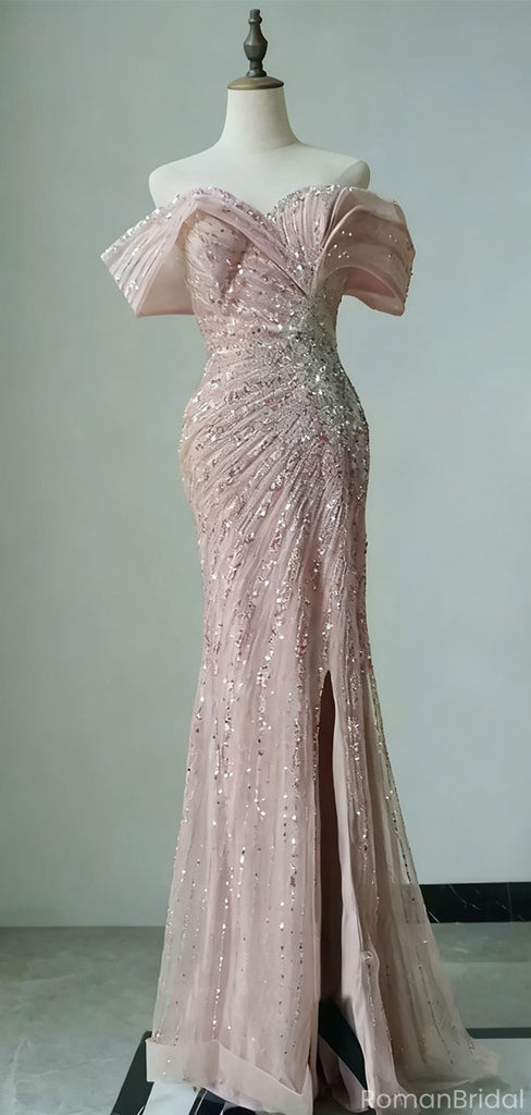 Sparkly Pink Off-Shoulder Mermaid Side Slit Long Prom Dress Ideas, Evening Party Dresses, OLP1397