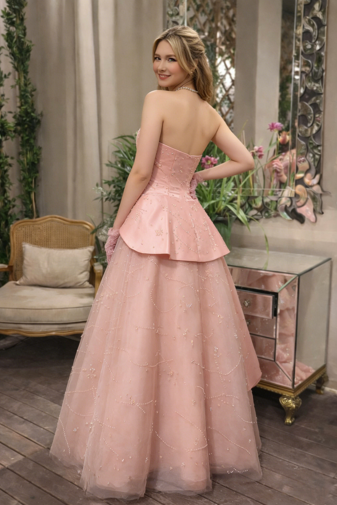 Elegant Dusty Rose Ball Gown Prom Dress Strapless Satin Drape Beaded Evening Gown,OLP2166