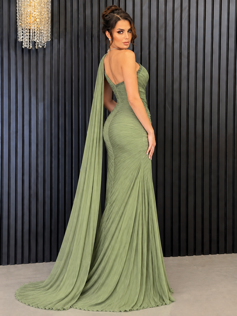 Elegant Sage Green Tulle Prom Dress One-Shoulder Cape Sleeve Mermaid Gown,OLP2425