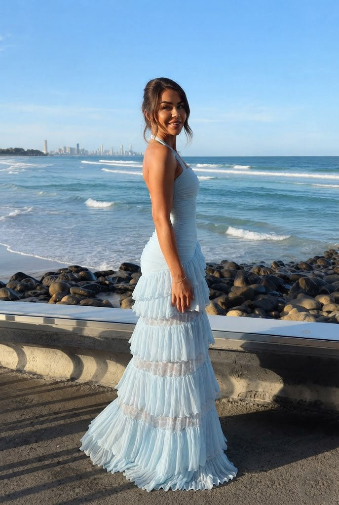 Beautiful Baby Blue Halter Neck Tiered Ruffle Maxi Prom Dress Classy Tulle Gown,OLP2385