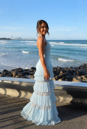 Beautiful Baby Blue Halter Neck Tiered Ruffle Maxi Prom Dress Classy Tulle Gown,OLP2385