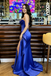 Classy Royal Blue Satin Prom Dress 3D Floral Bodice High Slit Formal Gown,OLP2236