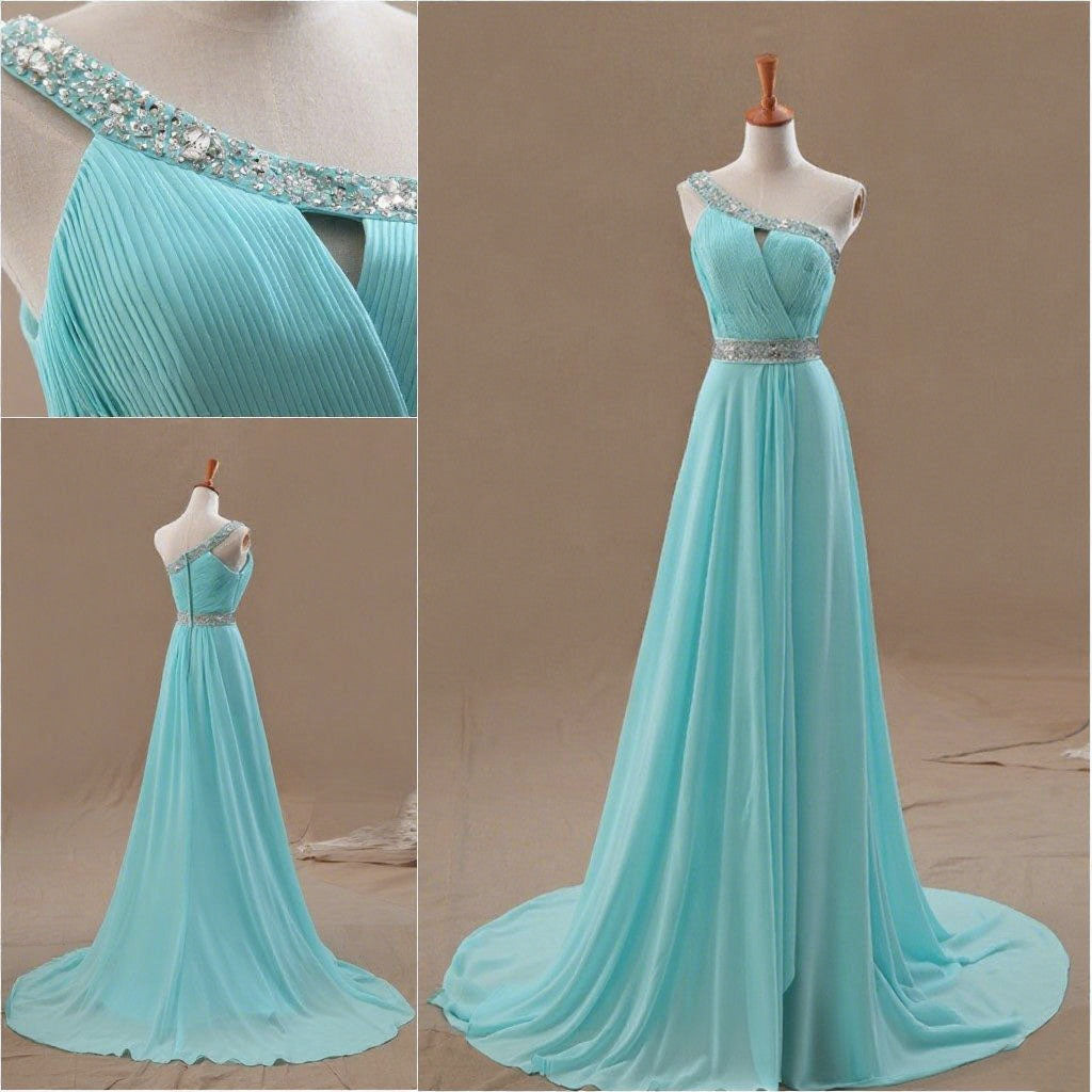Unique Mint Green One-Shoulder A-Line Long Prom Dress Ideas, Evening Party Dresses, OLP1515