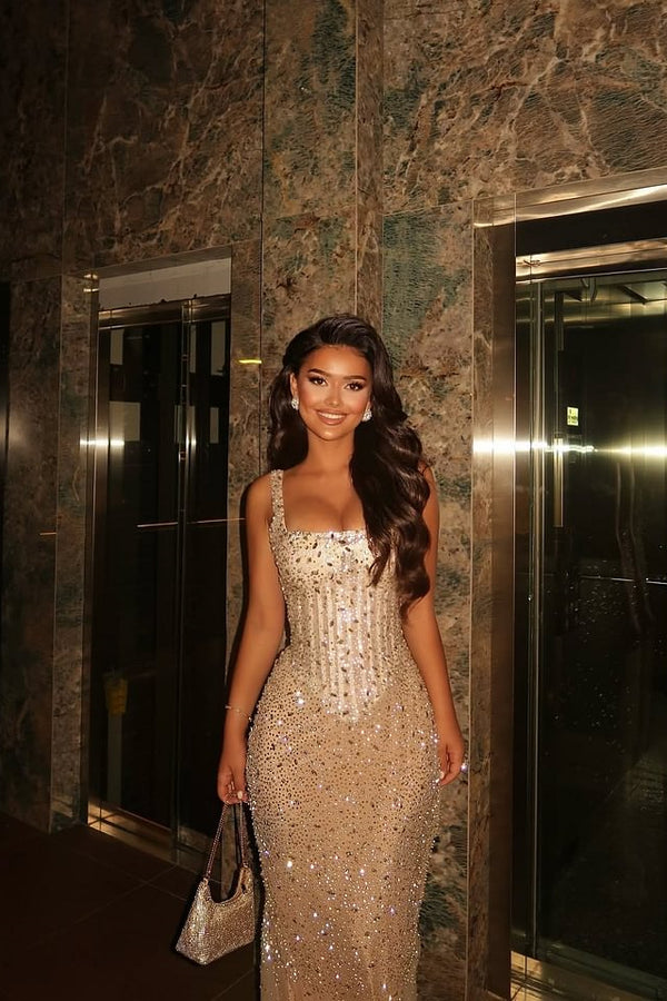 Sparkly Champagne Gold Sequin Prom Dress Fancy Square Sleeveless Formal Gown,OLP1716