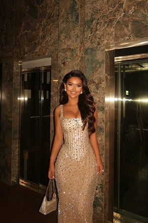 Sparkly Champagne Gold Sequin Prom Dress Fancy Square Sleeveless Formal Gown,OLP1716