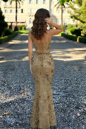 Fancy Champagne Gold Scoop Sleeveless Beaded Mermaid Classy Prom Dress,OLP2347
