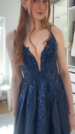 Sexy Navy Blue Spaghetti Strap A-Line Long Prom Dress Ideas, Evening Party Dresses, OLP1408