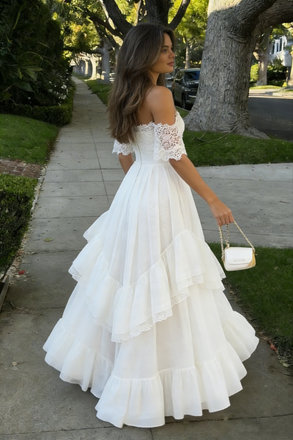 Unique White Lace Prom Gown Off-Shoulder Tiered A-Line Evening Dress,OLP1786