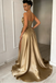 Fancy Gold Satin Strapless High Slit A-Line Formal Dresses, Long Prom Dresses,OLP1710