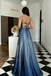 Elegant Blue A-Line Evening Dress Black Floral Embroidery Straps,OLP2102