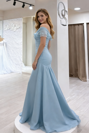 Elegant V Neck Off Shoulder Mermaid Prom Gown Dusty Blue Satin Chiffon,OLP1933