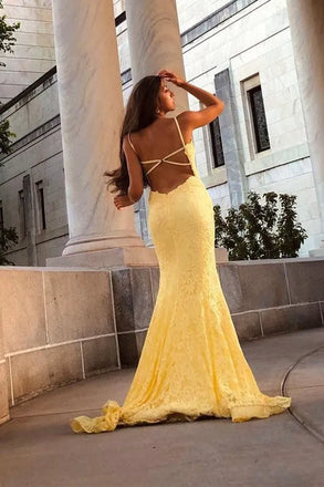 Unique Yellow Lace Applique Mermaid Prom Dress with Deep V-Neck Formal Gown,OLP1752