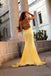 Unique Yellow Lace Applique Mermaid Prom Dress with Deep V-Neck Formal Gown,OLP1752