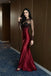 Sexy Burgundy Mermaid Evening Gown Beaded Sheer Long Sleeve Prom Dress,OLP2308