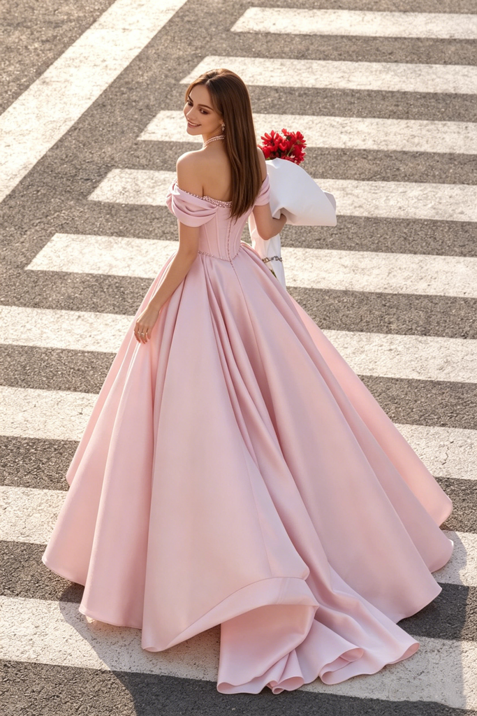Pretty Off-The-Shoulder Blush Pink Satin Ball Gown Prom Dress,OLP2213
