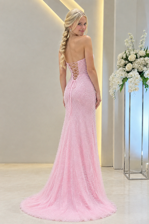 Pink Beaded Strapless Mermaid Prom Dress Sparkly Mesh Long Evening Gown,OLP2426
