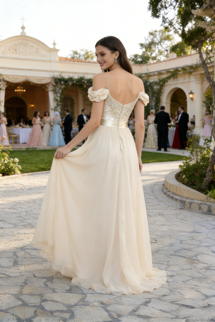 Elegant Champagne Tulle Prom Gown Off-Shoulder Satin Corset Bodice,OLP1948