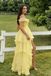 Sexy High-Low Chiffon Prom Gown Off-Shoulder Ruffled Layered Yellow Dress,OLP2124