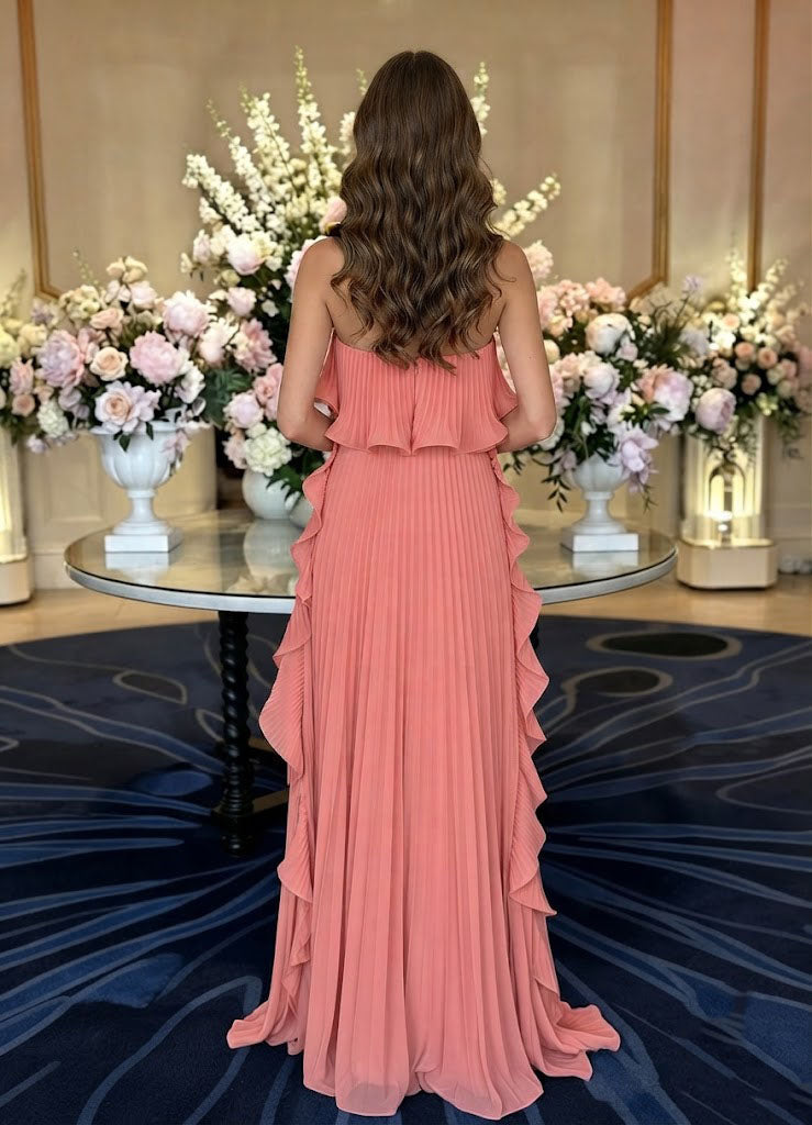Pretty Terracotta Pink Pleated Strapless Ruffle Tiered A-Line Chiffon Floor Length Prom Dress ,OLP2363