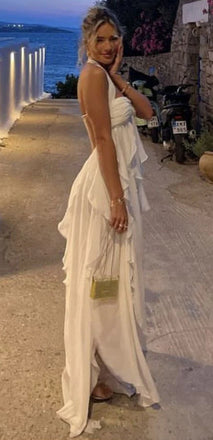 Elegant White Halter Strap A-Line Long Prom Dress Ideas, Evening Party Dresses, OLP1527