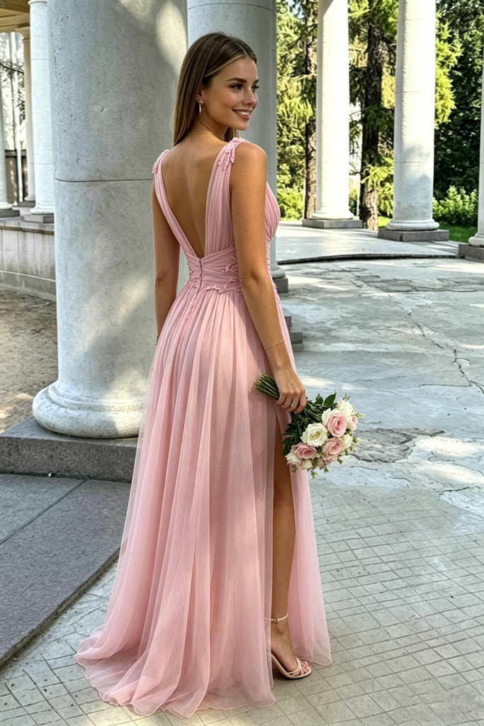 Sexy Pink Pleated Chiffon V Neck Sleeveless High Slit Floor Length Prom Dress,OLP2242