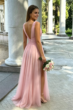 Sexy Pink Pleated Chiffon V Neck Sleeveless High Slit Floor Length Prom Dress,OLP2242
