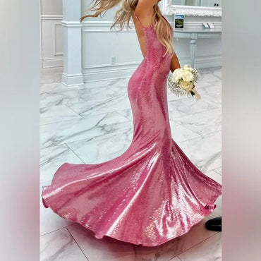 Elegant Pink Spaghetti Strap Mermaid Long Prom Dress Ideas, Evening Party Dresses, OLP1546