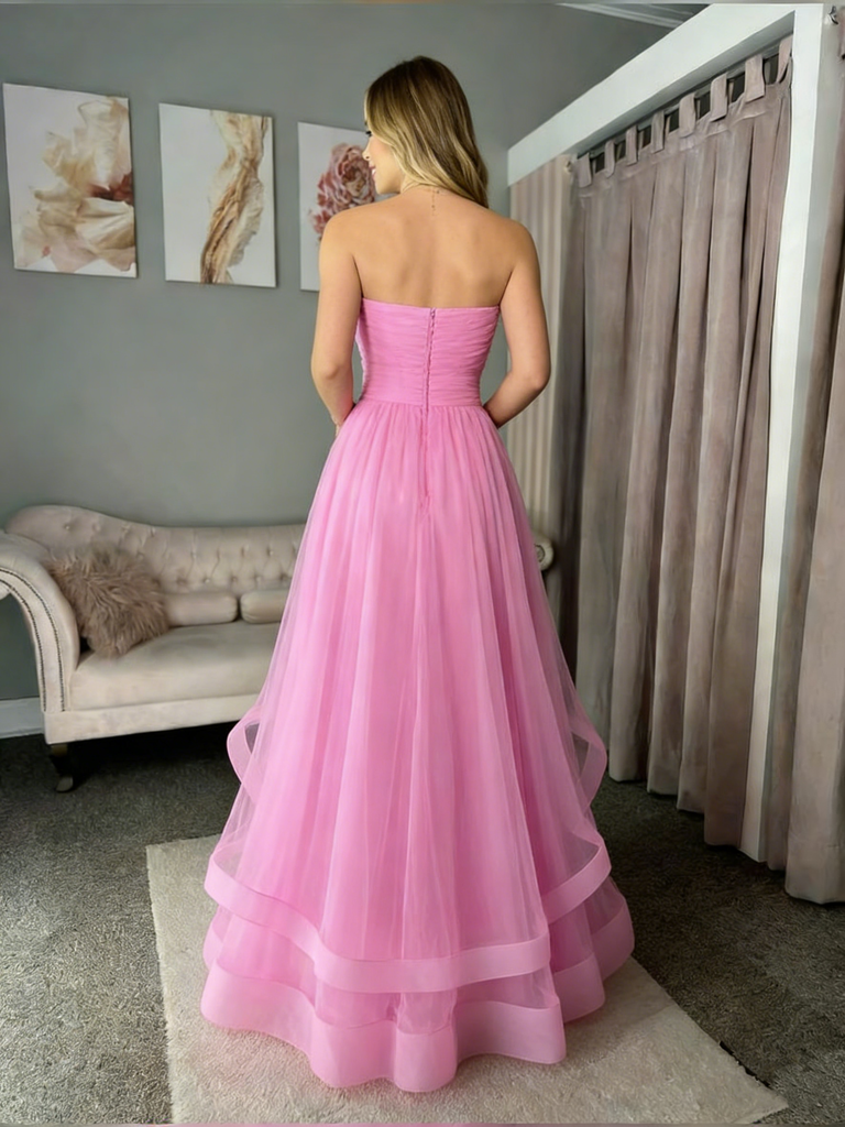 Elegant Pink Tulle Ball Gown Strapless Tiered Skirt Prom Party Dress Long,OLP1836