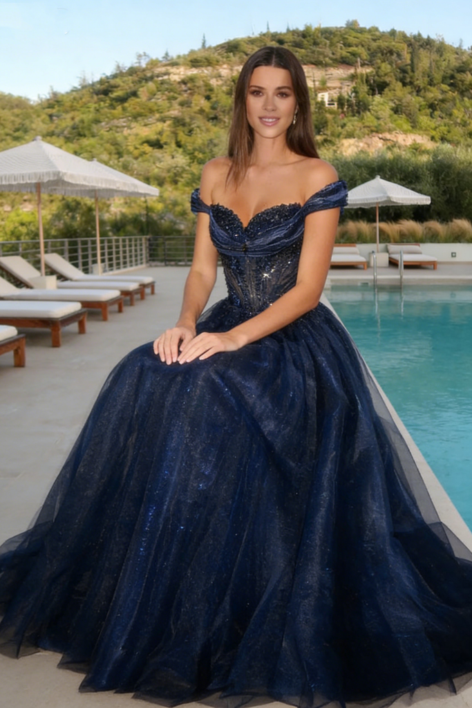 Sexy Midnight Blue Corset Prom Dress Glitter Tulle Off-Shoulder Ball Gown,OLP2025