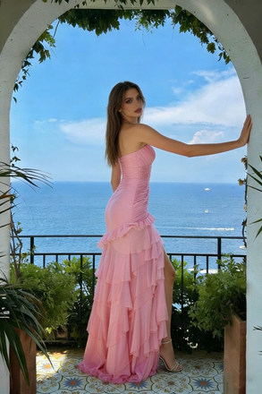 Sexy Pink Strapless Prom Gown Tiered Ruffles High Leg Slit Design,OLP2002