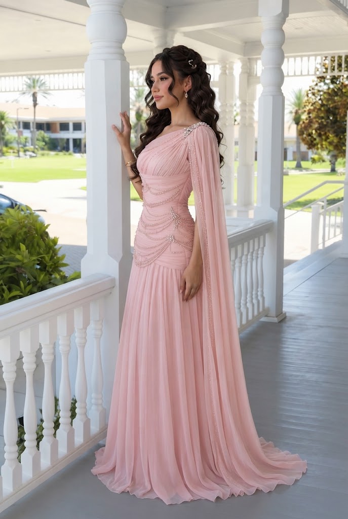 Modern Pink One Shoulder Beaded Cape Gown Classy Pleated Prom Dress,OLP2393
