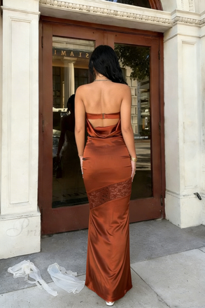 Sexy Rust Brown Satin Prom Dress Strapless Lace Inset Mermaid Evening Party Gown,OLP2152