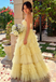 Yellow Square Neck Spaghetti Strap Tulle Ruffled Ball Gown Prom Dress,OLP2207