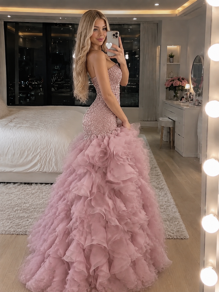 Stunning Pink Strapless Beaded Ruffled Organza Mermaid Prom Dress,OLP2414