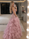 Stunning Pink Strapless Beaded Ruffled Organza Mermaid Prom Dress,OLP2414