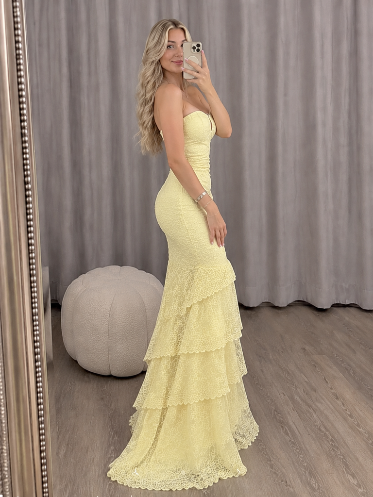 Stunning Yellow Strapless Tiered Trumpet Long Prom Dress Lace Ruffled Chic,OLP2431