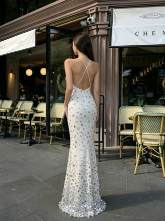 Sexy White Crystal Embellished Prom Dress Unique Sleeveless Floor Length Gown,OLP2335