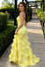 Elegant Yellow Floral Applique Prom Dress Spaghetti Strap Fitted Formal Gown,OLP2278