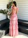 Pretty Pink Maxi Prom Dress Sweetheart Neck Ruffled Cap Sleeve Tiered Gown,OLP2353